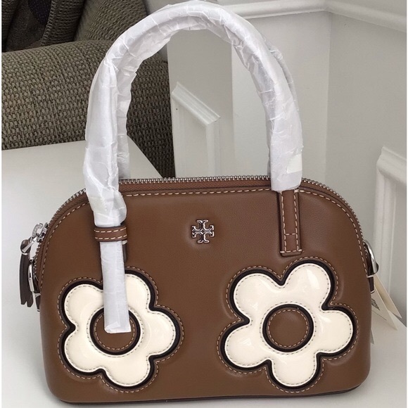 Tory Burch Emerson Dome Satchel Crossbody Bag Floral Applique NWT In Pac Leather - Picture 9 of 13